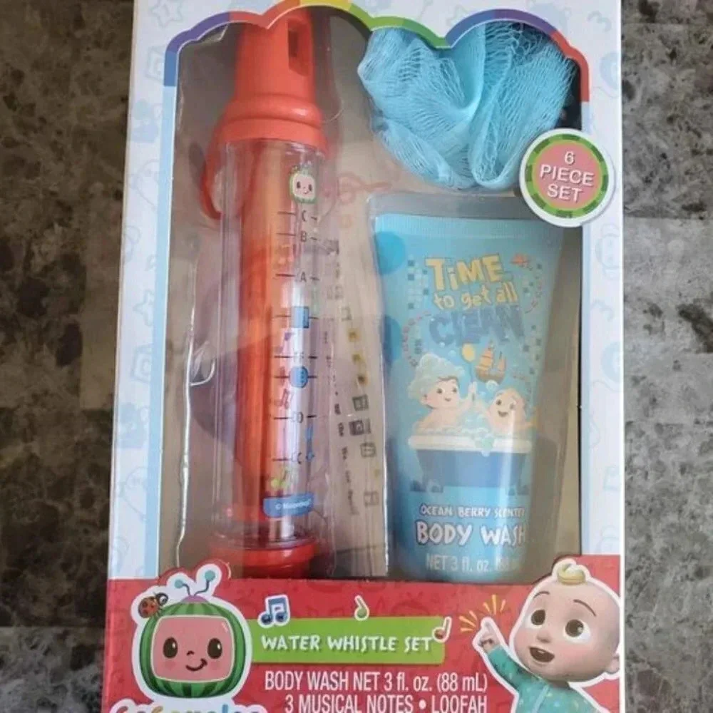 Cocomelon Water Whistle, SpongeBob Soap and Scrub, Red Bath Paint